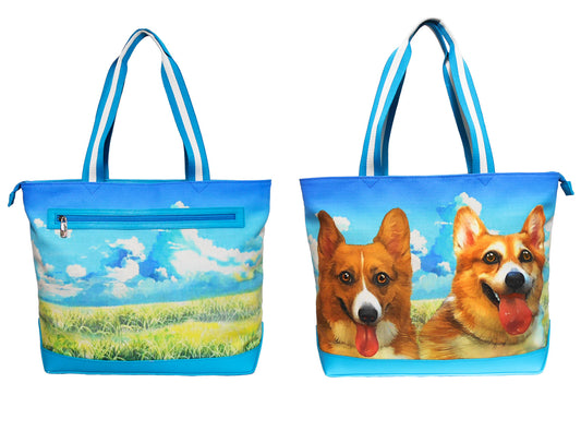 Furbabies Welsh Corgi Original Portrait Drawing Printed Canvas Large Tote Bag