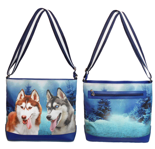 Furbabies Husky Original Portrait Drawing Printed Canvas Large Shoulder Bag