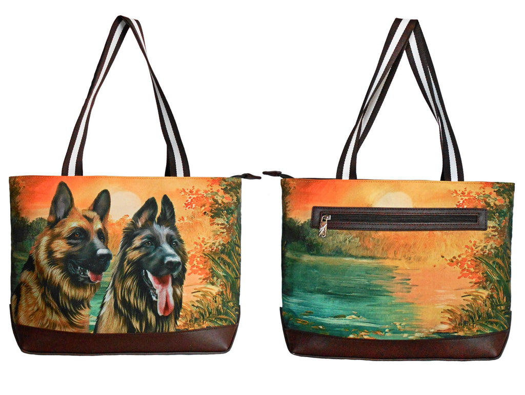 German Shepherd Original Portrait Drawing Printed Canvas Large Tote Bag