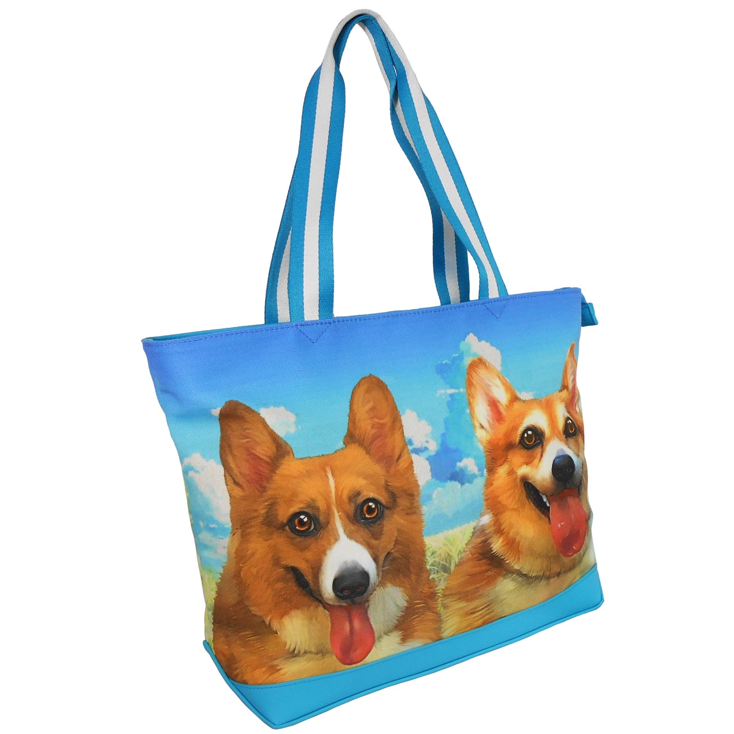 Furbabies Welsh Corgi Original Portrait Drawing Printed Canvas Large Tote Bag