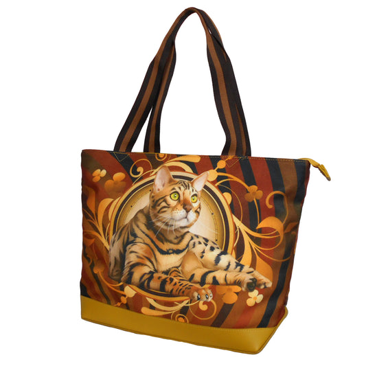 Furbabies Bengal cat Original Portrait Drawing Printed Canvas Large Tote Bag