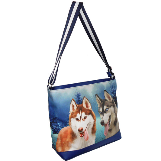 Furbabies Husky Original Portrait Drawing Printed Canvas Large Shoulder Bag