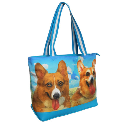 Furbabies Welsh Corgi Original Portrait Drawing Printed Canvas Medium Tote Bag