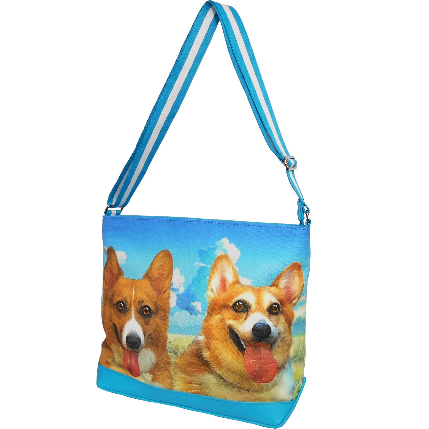 Furbabies Welsh Corgi Original Portrait Drawing Printed Canvas Large Shoulder Bag