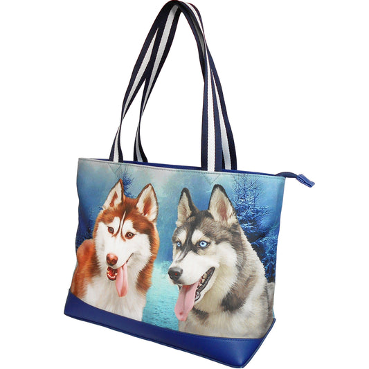Furbabies Husky Original Portrait Drawing Printed Canvas Medium Tote Bag