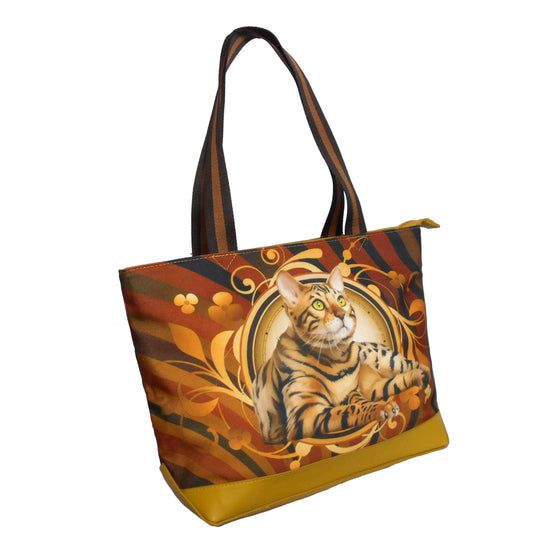 Furbabies Bengal cat Original Portrait Drawing Printed Canvas Medium Tote Bag