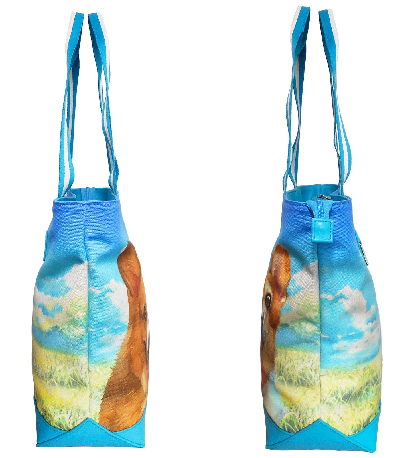 Furbabies Welsh Corgi Original Portrait Drawing Printed Canvas Large Tote Bag