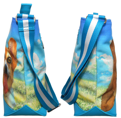 Furbabies Welsh Corgi Original Portrait Drawing Printed Canvas Large Shoulder Bag