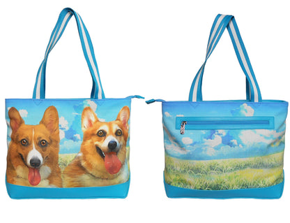 Furbabies Welsh Corgi Original Portrait Drawing Printed Canvas Medium Tote Bag
