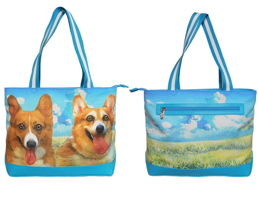 Furbabies Welsh Corgi Original Portrait Drawing Printed Canvas Medium Tote Bag