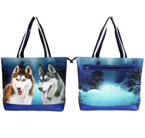 Furbabies Husky Original Portrait Drawing Printed Canvas Large Tote Bag