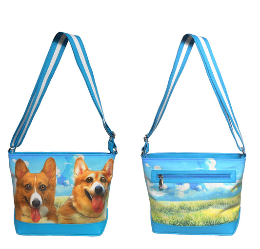 Furbabies Welsh Corgi Original Portrait Drawing Printed Canvas Medium Shoulder Bag