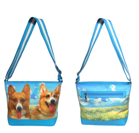 Furbabies Welsh Corgi Original Portrait Drawing Printed Canvas Medium Shoulder Bag