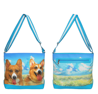 Furbabies Welsh Corgi Original Portrait Drawing Printed Canvas Large Shoulder Bag