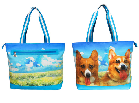 Furbabies Welsh Corgi Original Portrait Drawing Printed Canvas Large Tote Bag