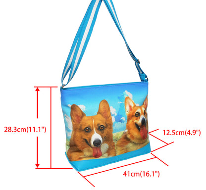 Furbabies Welsh Corgi Original Portrait Drawing Printed Canvas Large Shoulder Bag
